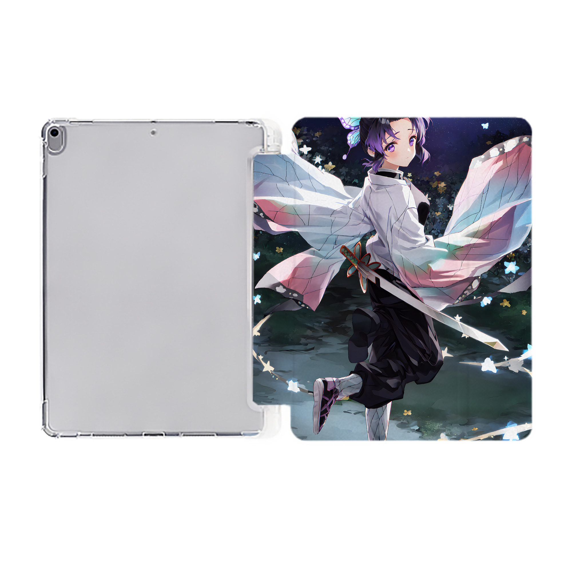 （画像用） 鬼滅の刃（きめつのやいば）蟲柱-胡蝶 しのぶ／こちょう しのぶ Kochou Shinobu IPad ケース ペン収納付き 三つ折りスタンド PUレザー×シリコン 対応機種9.5/10.5/10.9インチ